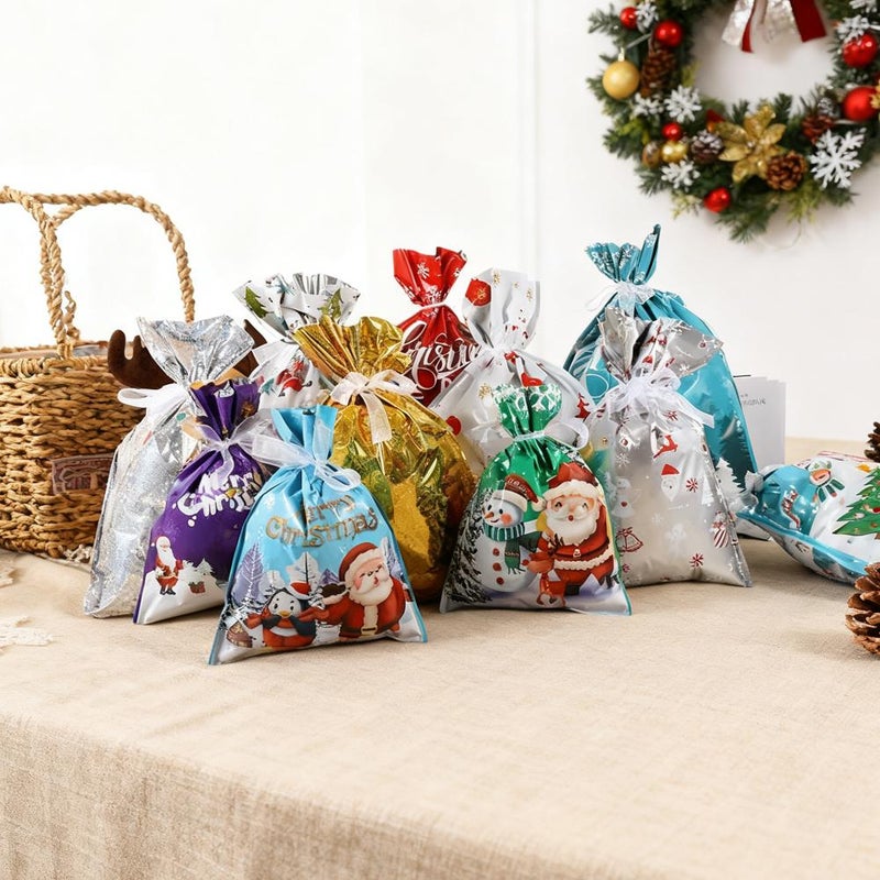 Christmas Drawstring Gift Bags, Xmas Gift Bags with Tags & Ribbon Ties, Reusable Santa Xmas Wrapping Bag Bulk with Tags for Candy - Image 3
